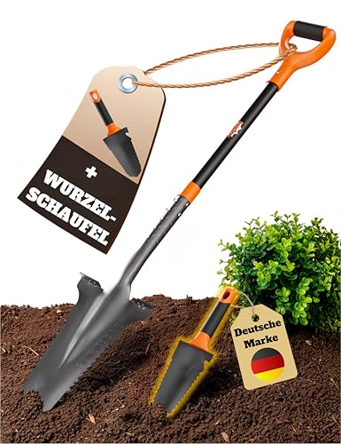 Wurzelspaten mit [Sägezahn Handschaufel] im Set | Spaten mit Wurzelsäge und Blumenkelle für das einfache Graben im Garten | vereinfacht die Gartenarbeit bei harten Böden und in Blumenbeeten