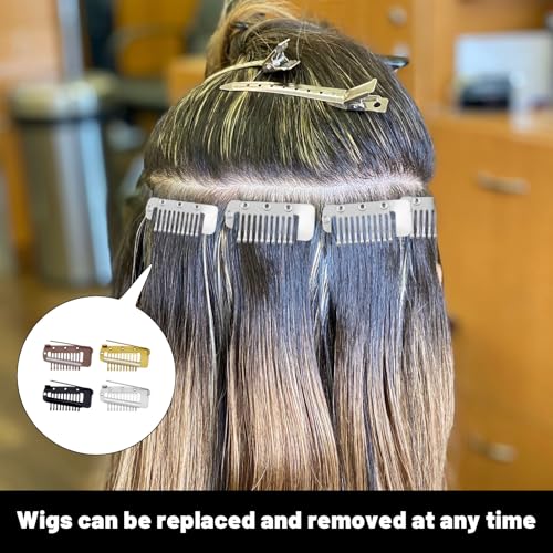 Chunni Clips with Safety Pin 12 Pcs Wig Clips 10-Teeth Invisible Wig Grip Chunni Dupatta Clips for Girls Women Wigs Headscarves (Black + Brown + Gold + Silver)