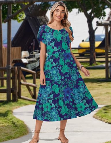 Image of Zeagoo Women Summer Midi A Line Dress Short Sleeve Casual Flowy Tiered Beach Long Sundress with Pockets 2026 Vacation Travel