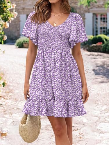 Image of UEAL Womens Cute Floral Smocked V Neck Flutter Sleeve Sundress with Pockets Casual Spring Summer Dresses for Women 2026