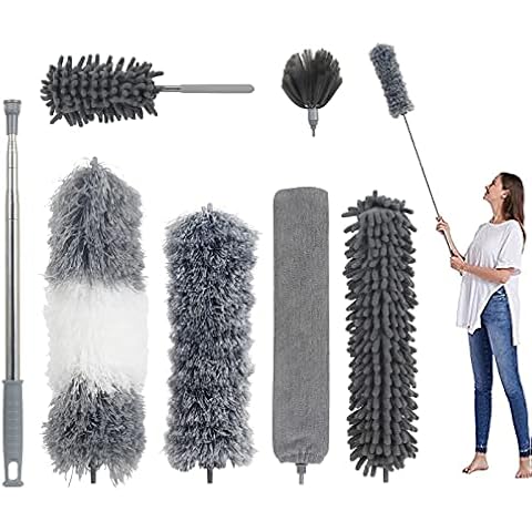 LISSUDA 7Pcs Feather Duster for Cleaning Extendable Dusters with 30-100 inch Telescoping Extension Pole Long Handled Duster Bendable Microfiber Duster for Cleaning Cobwebs High Ceilings Cars Furniture Cover