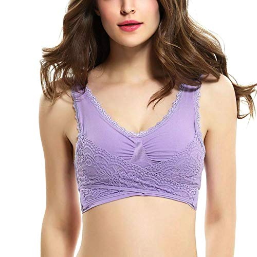 ieenay Brassière 1 Pcs Front Cross Side Buckle Wireless Lace Bra Breathable for Women Sport Yoga,Violet,XL