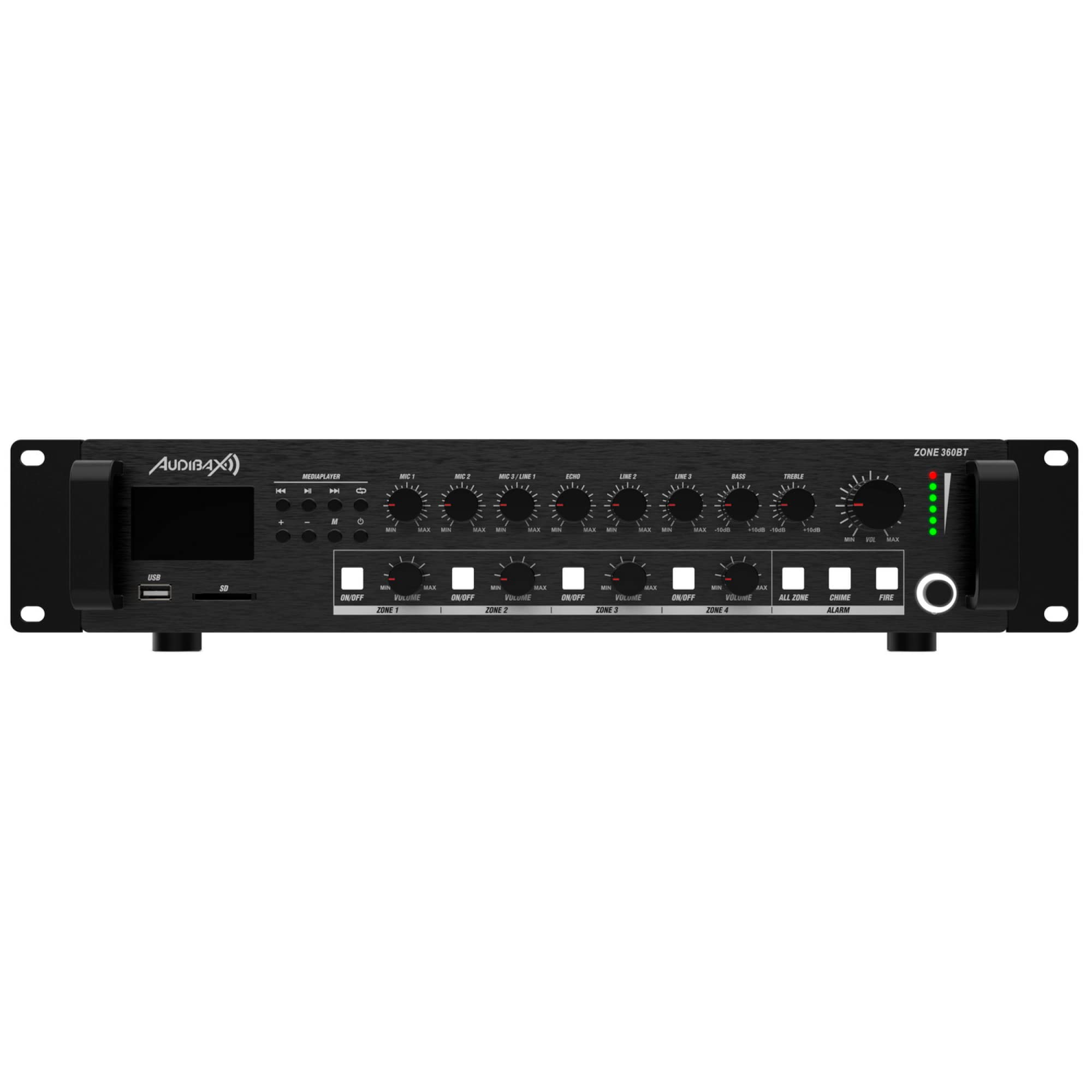 Audibax Zone 360BT - Amplificatore Audio per Più Zone - Potenza in Uscita 360W - Ingressi Cavo Multipli - Mixer Audio con Connessione Bluetooth, USB e SD - Alimentazione Phantom