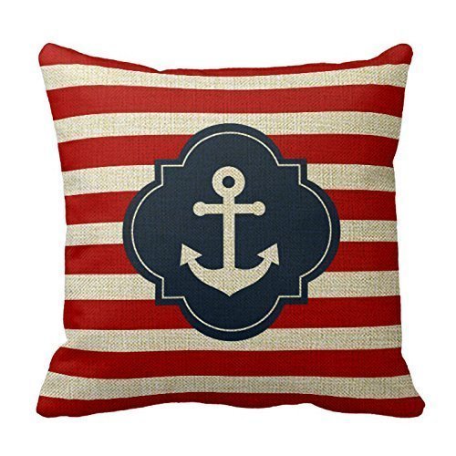FreeMinds Cotton Linen 18 x 18inch Red White And Blue Nautical Anchor Pillow Cover