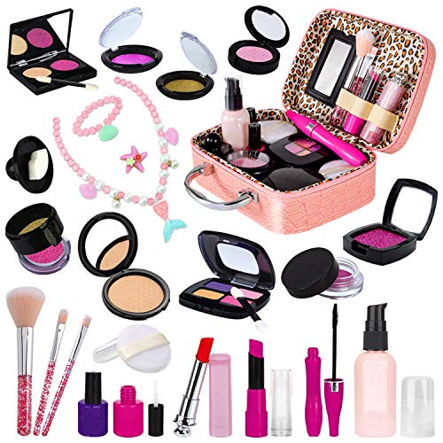 RACPNEL 24 PCS Kids Pretend Makeup Kit for Little Girls, Pretend Play Toy Makeup Set for Toddler Girls with Cosmetic Case & Kids Mermaid Jewelry Set, Gift for Kids Girls Age 2 3 4 5+ ( No Real Makeup)