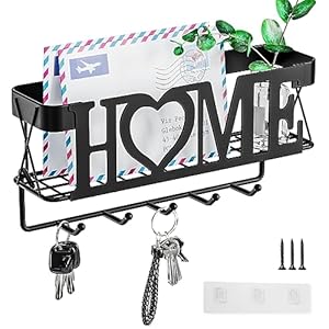 OHOBABY Key Holder for Wall – Key Rack with 5 Key Hooks, 11.02″ L×2.75″ W×4.92″ H, Key and Mail Organizer Wall Mount with Mesh Basket, Key Hanger for Wall, Entryway, Home Decor(Matte Black)