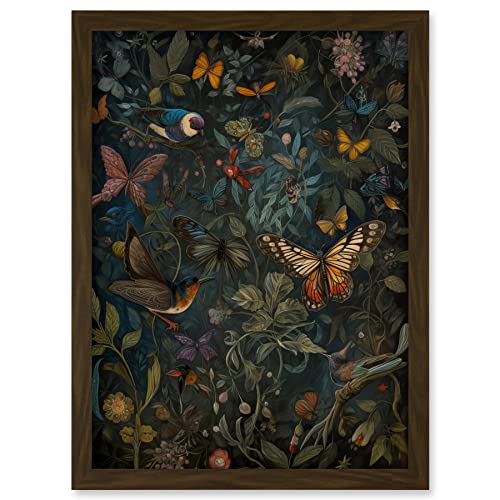 Artery8 William Morris Style Plants Birds and Butterflies Artwork Framed A3 Wall Art Print, Framed Brown A3, 45.5L x 33W cm