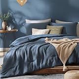 AMBERSPACE Blue Queen Comforter Set, Minimalist Premium Bedding for Queen Bed Set, Textured Crinkle Queen Bed Set 3 Piece with Farmhouse Modern Comforter & Shams (Queen, 90'x90', Grey Blue)
