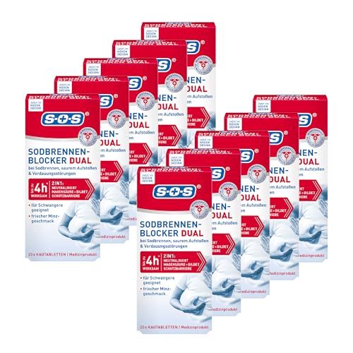 SOS Sodbrennen-Blocker Dual: Sodbrennen Tabletten wirken schnell und langanhaltend, Magentabletten, 10x 20 Kautabletten