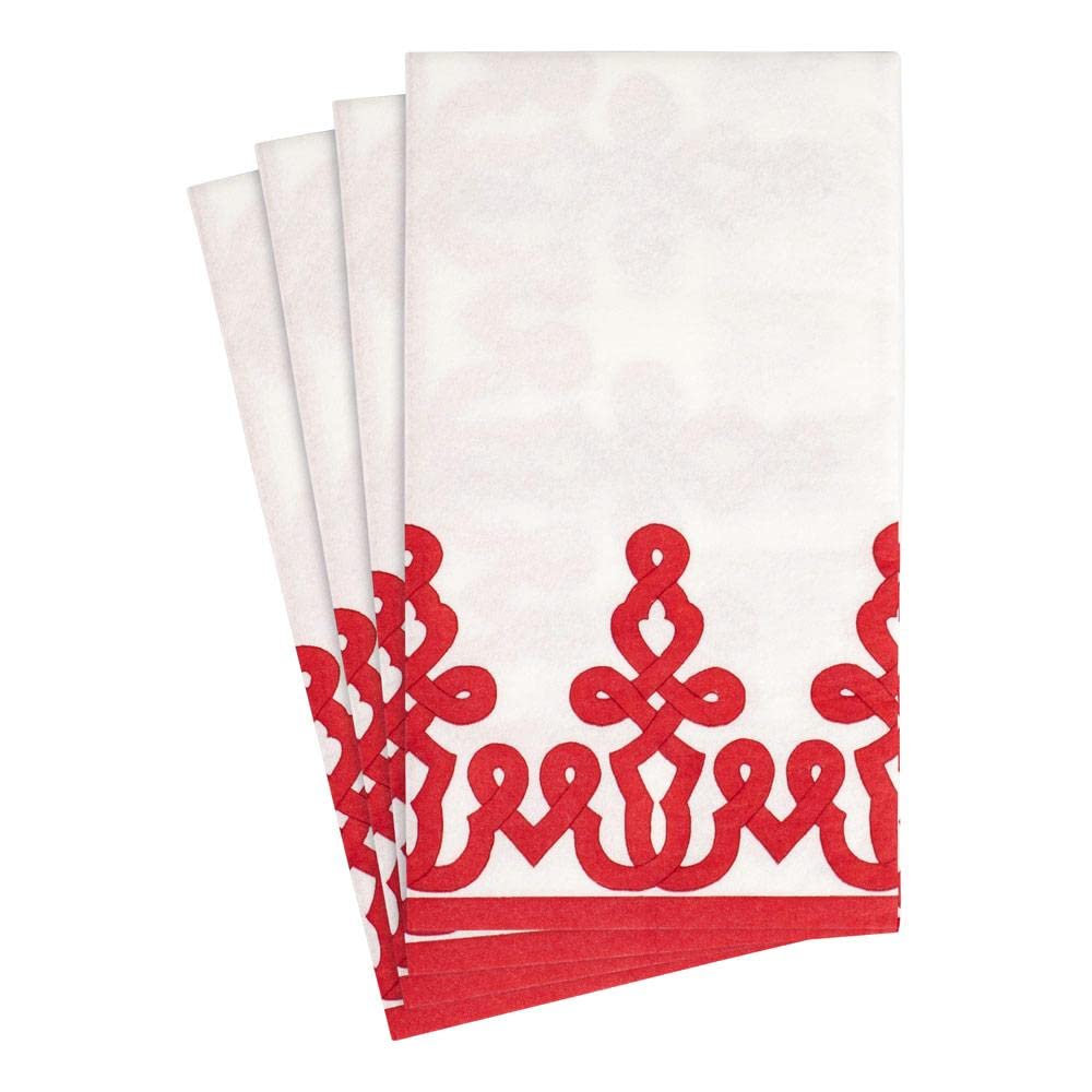 Caspari Dessin Passementerie Paper Linen Guest Towel Napkins in Red - 12 Per Package