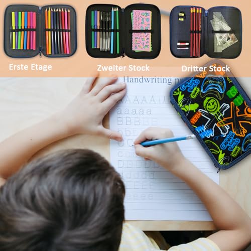 Glamifyr Federmappe Jungen,Mäppchen Jungs,Federtasche 3 Fächer,Federmäppchen Jungen,Federmappe Federmäppchen Groß XXL,Bonus Buntstiften,Bleistiften,Wasserfarben Stiften,Lineal, Radiergummi usw