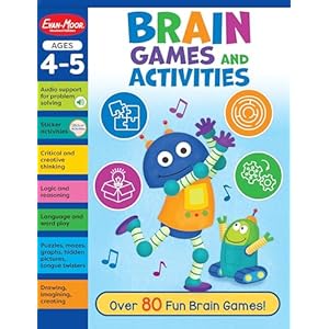 Evan-Moor Brain Games and Activities for Kids, Ages 4-5, Workbook, Hidden Pictures, Mazes, Sticker Activities, Logic Puzzles, Drawing, Critical Thinking, Audio, Alphabet, Word Families, Counting Paperback – January 1, 2024