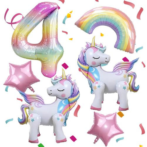 6PCS Unicorn Balloons Self Standing Unicorn Balloon Large Rainbow Balloon Colorful Number 4 Star Balloons for Girl Purple Pink Theme 4th Birthday Party Decorations Supplies.(4th)