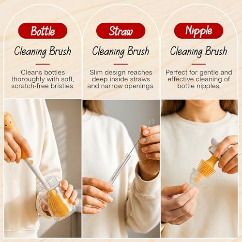 Image of TONY STARK Baby 3-in-1 Silicone Bottle Cleaning Brush Set | 360 Rotatable Handle, BPA-Free Soft Bristles for Cleaning Bottles, Nipples & Pacifiers Safely (Yellow)