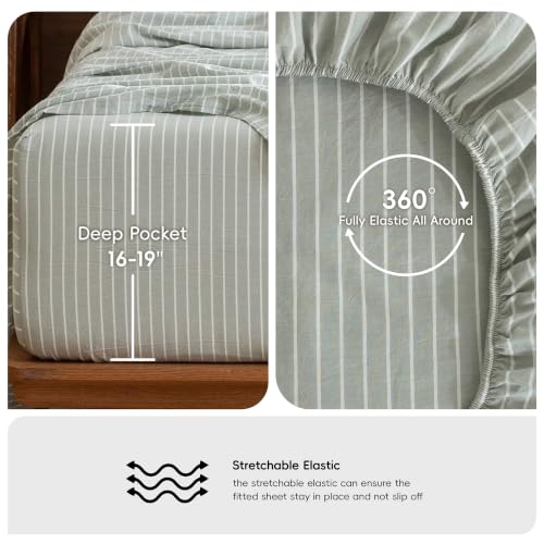 Image of MooMee Striped Sheet Set 100% Washed Cotton Linen Like King