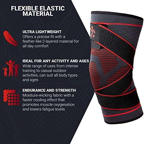 Knee Compression Brace for Men and Women - Non Slip Sleeve with Straps for Pain Relief, Meniscus Tear, Sports Safety in Basketball, Tennis - Single Wrap (Medium)