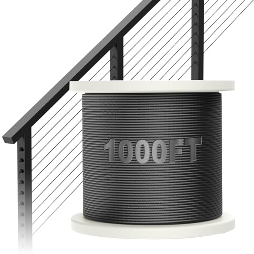 BLIKA 1000FT 1/8 Black Stainless Steel Cable T316 Marine Grade Stainless Steel Wire Rope 7x7 Strand Construction 1850lbs Breaking Strength Aircraft Cable for Deck Cable Railing DIY Balustrades