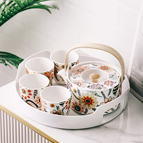 Wuyiazhi Floral Tea Set With Tray, 30 Oz Small Ceramic Teapot With Infuser And Tea Cup Set Of 4, Asian Tea Pot Set For Adults, Teapot Set Gift For Women, 6Pcs #TOP4