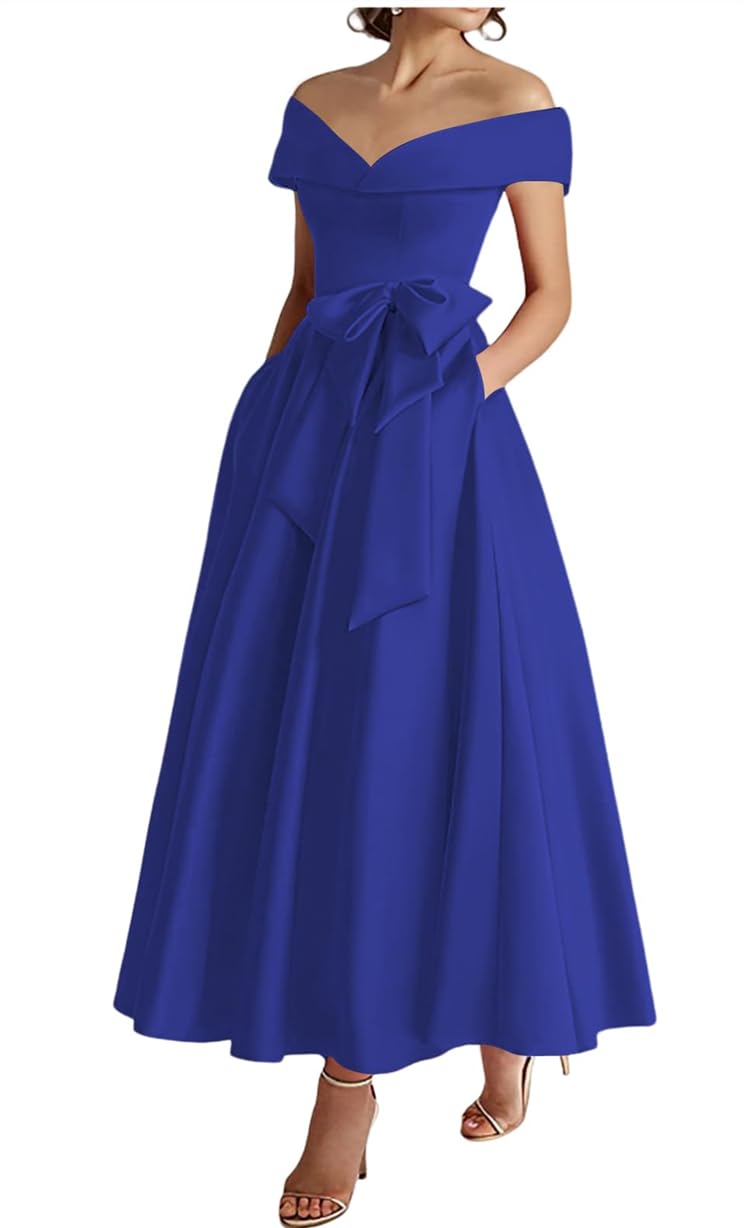 Wseyu Women's Royal Blue Off Shoulder Mother Of The Bride Dresses With Bow Formal Evening Prom Gowns Tea Length Zm289 Uk14