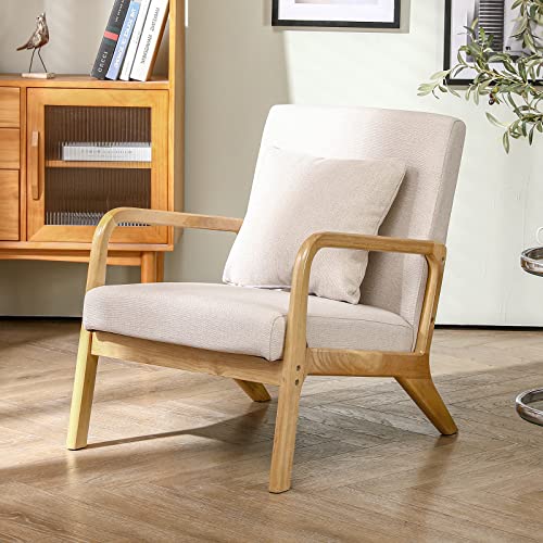 Eluchang Mid-Century Modern Accent Chair Upholstered Premium Linen Fabric Armchair With Wooden Frame Legs,Comfy Living Room Chairs Lounge Chair For Bedroom (Beige, 1 Pc) #TOP2