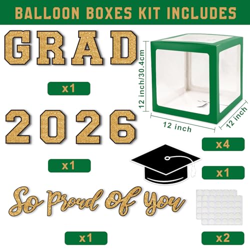 Image of Graduation Decorations 2026 - Green and Gold Graduation Decorations - Set of 4 Balloons Boxes with Letters 2026 GRAD So Proud of You, Congrats Grad Party Decorations for Any Grades