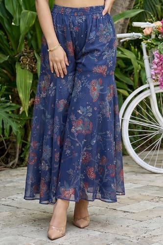 Image of W for Woman Floral Printed Chiffon Noodle Straps Straight Kurta with Sharara and Dupatta Set