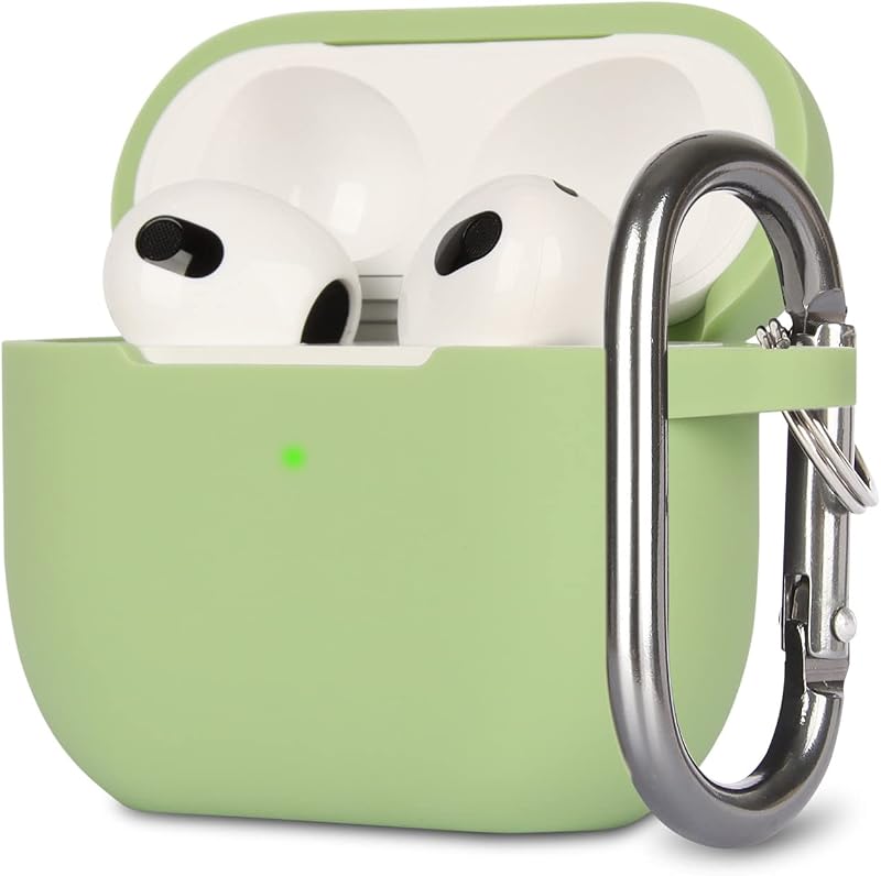 Protective Case Compatible with AirPods 3, Anti-Shock Silicone Protective Cover, Soft Non-Slip Protective Case for Airpods 3rd Generation with Carabiner, Matcha Green