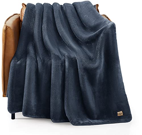 Ugg 11063 Whitecap Plush Flannel Oversized Reversible Fleece Throw Blanket Lightweight Comfortable Cozy Hotel Style Home Decor Soft Luxurious Blanket For Living Or Bed Room, 70 X 50-Inch, Denim #TOP27