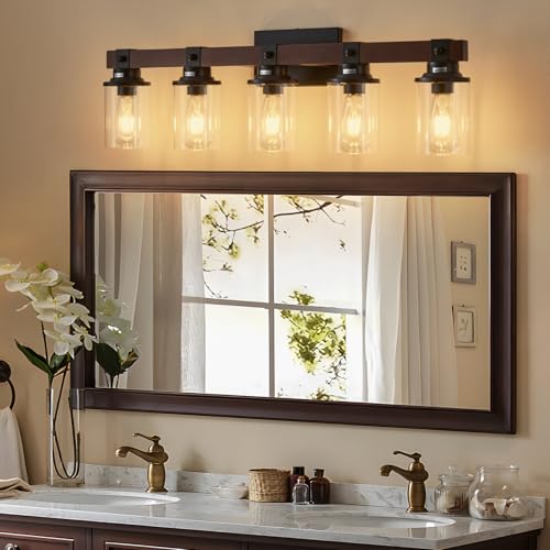 Image of 5 Bathroom Vanity Lights, Farmhouse Wooden Bathroom Light Fixture Over Mirror with Clear Glass, Wood Vanity Light for Bedroom,Living Room