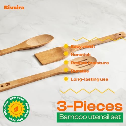 Riveira Dark Bamboo Wooden Spoons for Cooking 3-Piece, Apartment Essentials Wood Spatula Spoon Nonstick Kitchen Utensil Set Premium Quality Housewarming Gifts for Everyday Use — view 3