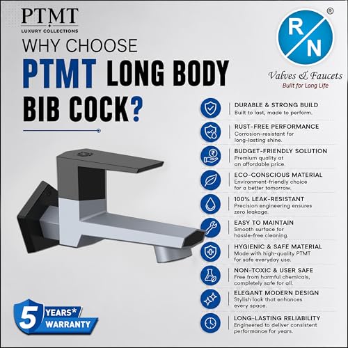 Image of RN PTMT Long Body Bib Cock for Bathroom | 15mm Long Body Foam Flow Water Tap with Flange | Luxury G20 Collection Faucet | High-Grade Engineering Polymer Tap (Metallic Grey Black Dual, Pack of 4)