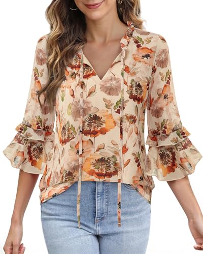 Furnex Womens Tops Dressy Casual Ruffle 3/4 Sleeve V Neck Elegant Floral Chiffon Blouses4