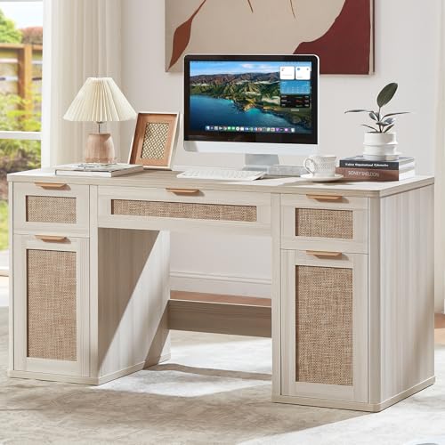 LEYAOYAO office desk with five drawers and file cabinet in grey white finish with rattan fronts