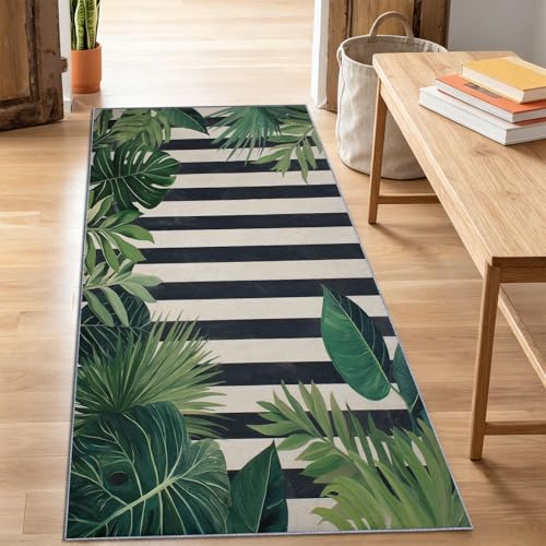 Tapis lavable plante rayure verticale 60x180cm antidérapant vert - 6