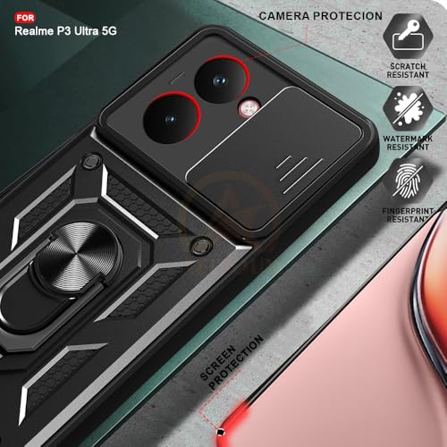Image of Armor Bumper Back Cover Case for Realme P3 Ultra 5G Rotating Camera Cover, Ring Holder & Kickstand | Heavy Duty & 360 Degree Protection Realme P3 Ultra 5G Back Cover (Black)