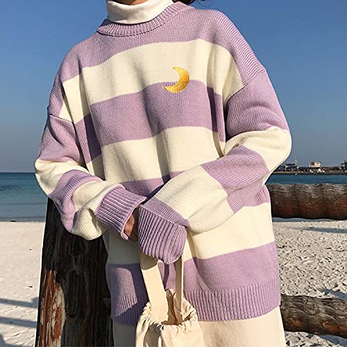Free Valley Women Striped Chic Moon Embroidery Knitting Pullover Female Harajuku Kawaii Ulzzang Lazy Style Casual Sweater Purple #TOP4