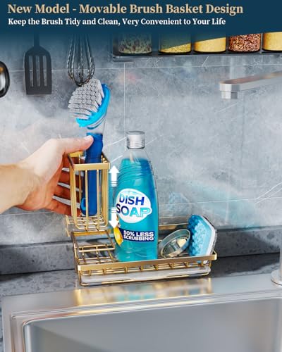 Consumest Sink Caddy, Kitchen Sponge Holder with Dish Brush Holder, Kitchen Sink Organizer with Drip Tray for Countertop, Stainless Steel Rustproof - Gold