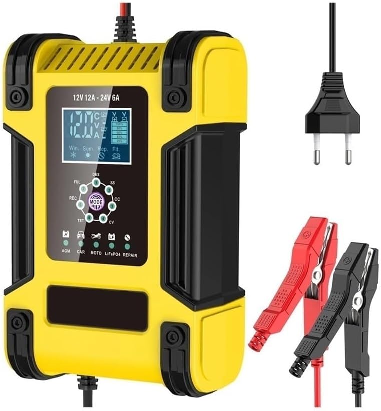 Smart 12V 12A Automatic Car Battery Charger, Digital Display & Pulse for Dry/Wet Batteries(Yellow 12V 12A EU)