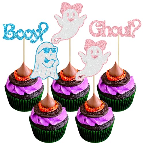 Gyufise 24pcs Halloween Gender Reveal Cupcake Toppers - Pink & Blue Glitter Ghost & Ghoul Cupcake Picks for Birthday Party Decorations