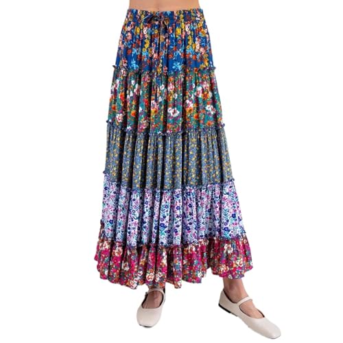 Summer Flowy Ruffle Layered A Line Long Skirts Casual Beach Vacation Resort Wear Floral Boho Tiered Maxi Skirt Women