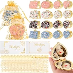 Jetec 32 Sets Compact Mirror Gift for Women, Floral Gold Edge Folding Pocket Makeup Mirror with Gold Organza Bags & Thank You Cards, Mother’s Day Ideal Gifts Bulk Return Gifts for Pooja