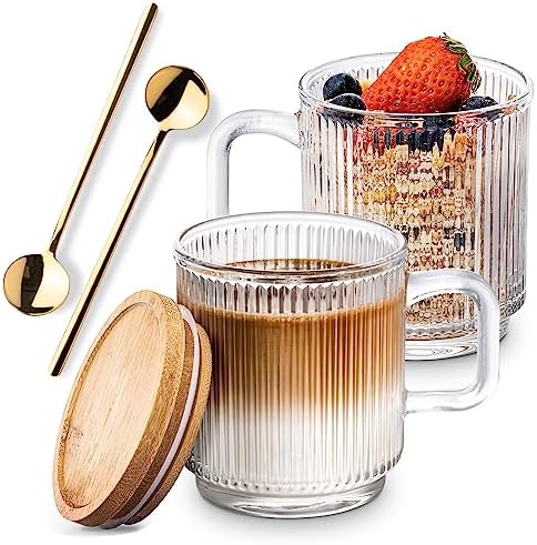 Combler Glass Coffee Mugs, Espresso Cups for Coffee Bar Accessories, Clear Coffee Mug Set of 2, 11oz Glass Coffee Cups with Lids and Spoon, Cute Ribbed Glassware Set for Latte, Cappuccino, Tea, Gift