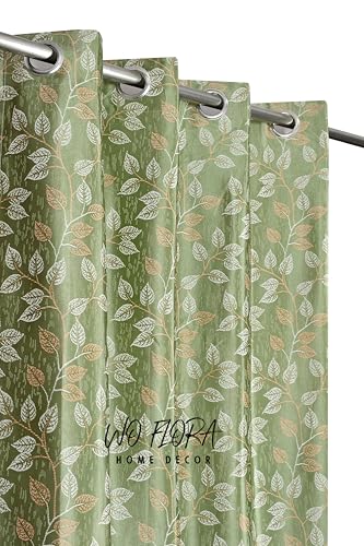 Image of Leaves Curtain Panel for Door 7 ft Set of 2 Window Curtains for Living Room | Premium Floral Curtain Panel | Green Color Curtain 7 feet