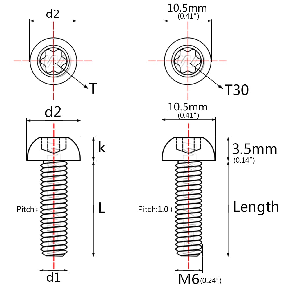 Titanium Button Head Torx M6 x20mm for Bicycle Motorcycle Car Screw Pack of 6 (M6x20mm, Black)