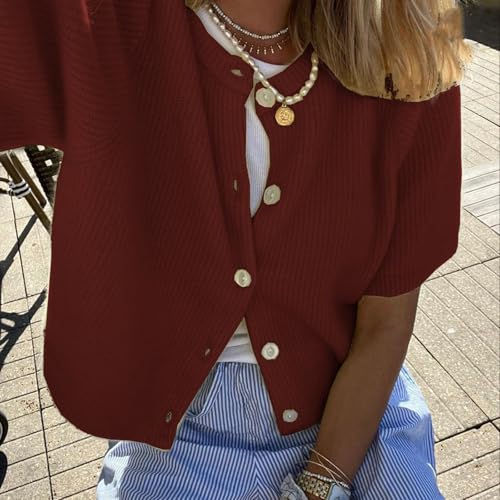 Image of Women Y2K Knit Cardigan Short Sleeve Crewneck Solid Color Button Down Tops Casual Going Out Sweater Streetwear