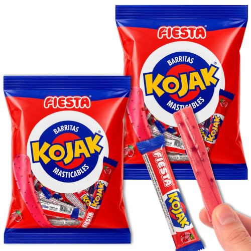 Barra Masticable Sabor cereza, Caramelo masticable gominola, Palotes Kojak Cereza, sin gluten, textura suave y masticable con trocitos de delicioso caramelo de cereza, Contiene 2 bolsa con 50 unidades