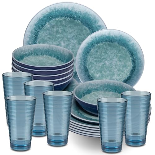 Melamin Geschirr Set Adria Blue für 6 Personen - 24 Teile Blau - mit blauem Trinkglas 400 ml aus Acryl Steingutoptik Spülmaschinengeeignet Campingzubehör Campinggeschirr Wohnwagen Camping Festival