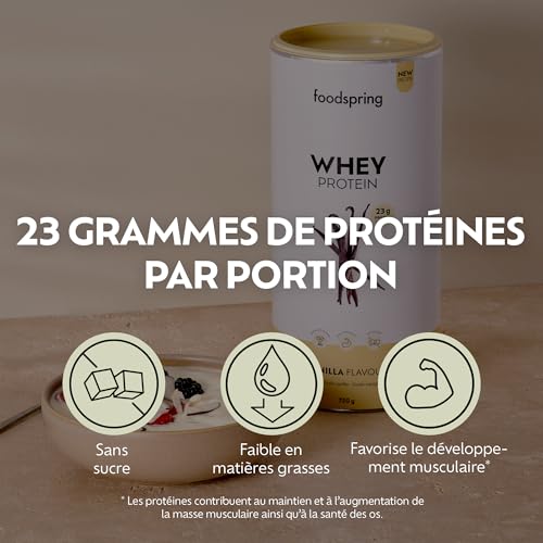 foodspring - Poudre de protéines whey Vanille - Avec 23 g de protéines de croissance musculaire, solubilité parfaite, ultra-filtrée et riche en BCAA et EAA - goût complet et délicieux (750 g) – Image 3