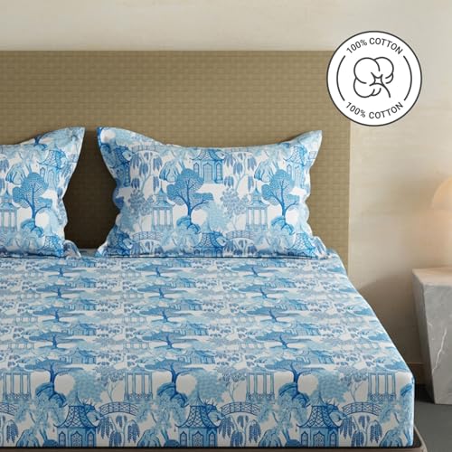 Image of Layers 100% Cotton Fitted Sheet for King Size Bed | Lumina Floret Collection | 144 TC Soft & Breathable | Printed with 2 Pillow Covers | Wrinkle Free & Colorfast | 3 Pc Bedding Set - Blue