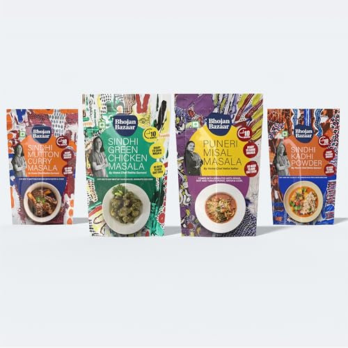 Image of Bhojan Bazaar Ready to Cook Masala Pack of 4, Sindhi Kadhi Masala 70g, Green Chicken Masala 50g, Mutton Curry Masala 75g, Puneri Misal Masala 70g, Instant Spice Mix, Regional Indian Curry Powders